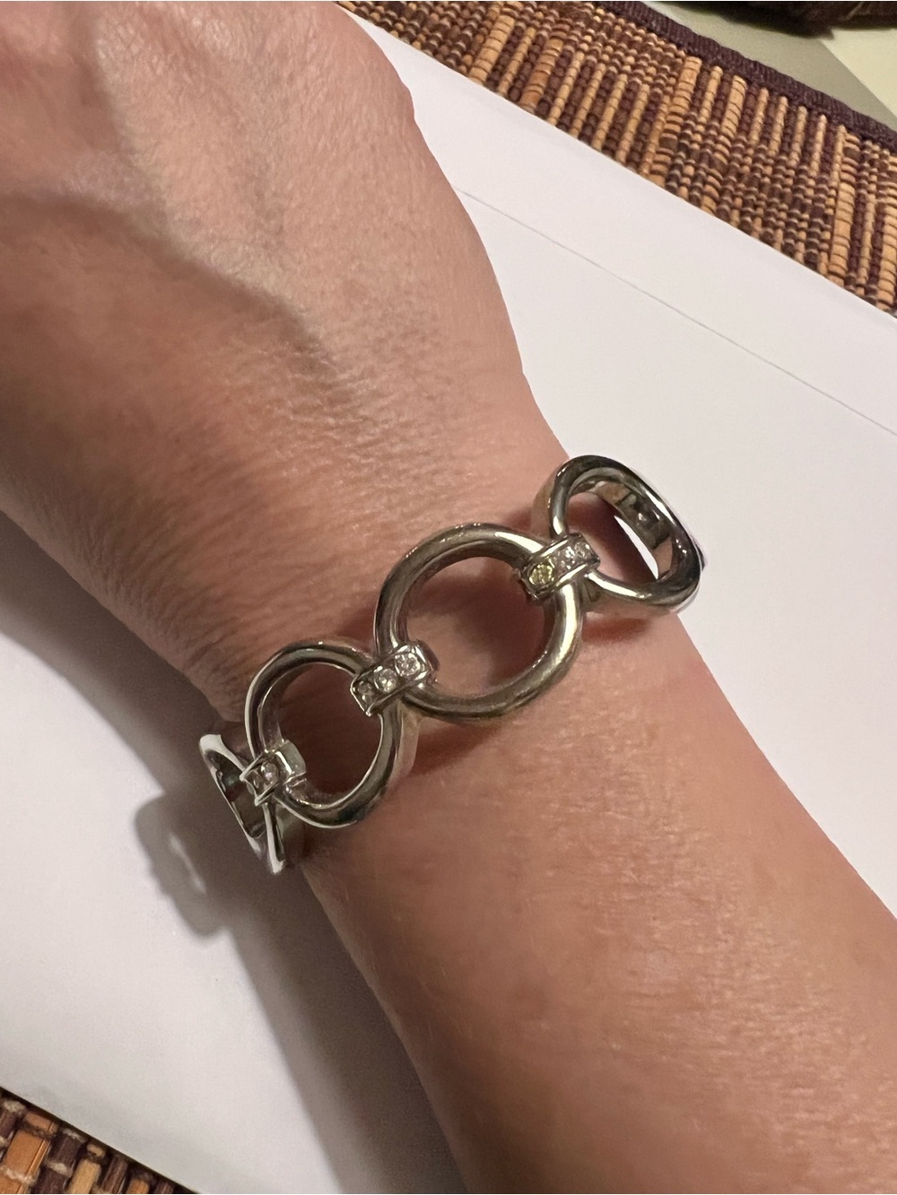 Silver-Tone Circular Link Bracelet with Crystal Accents